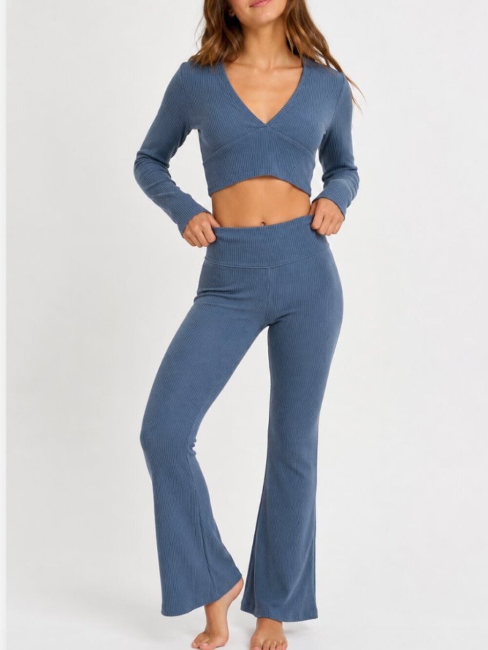 Wild Fable cozy ribbed matching set- long sleeve top + flare leggings blue Sz S